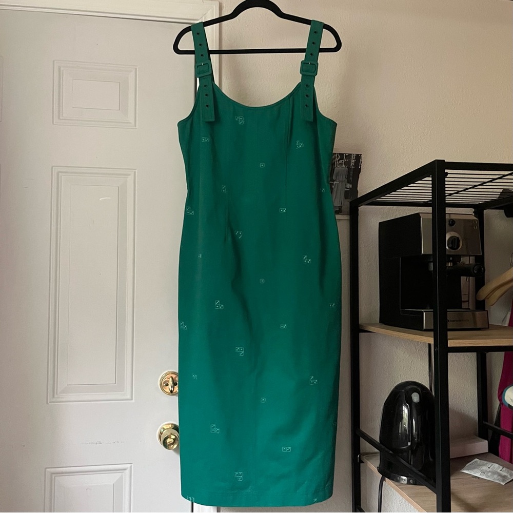 NWT TACTFUL KIOSK green dice embroidered sleeveless midi dress mod retro pinup